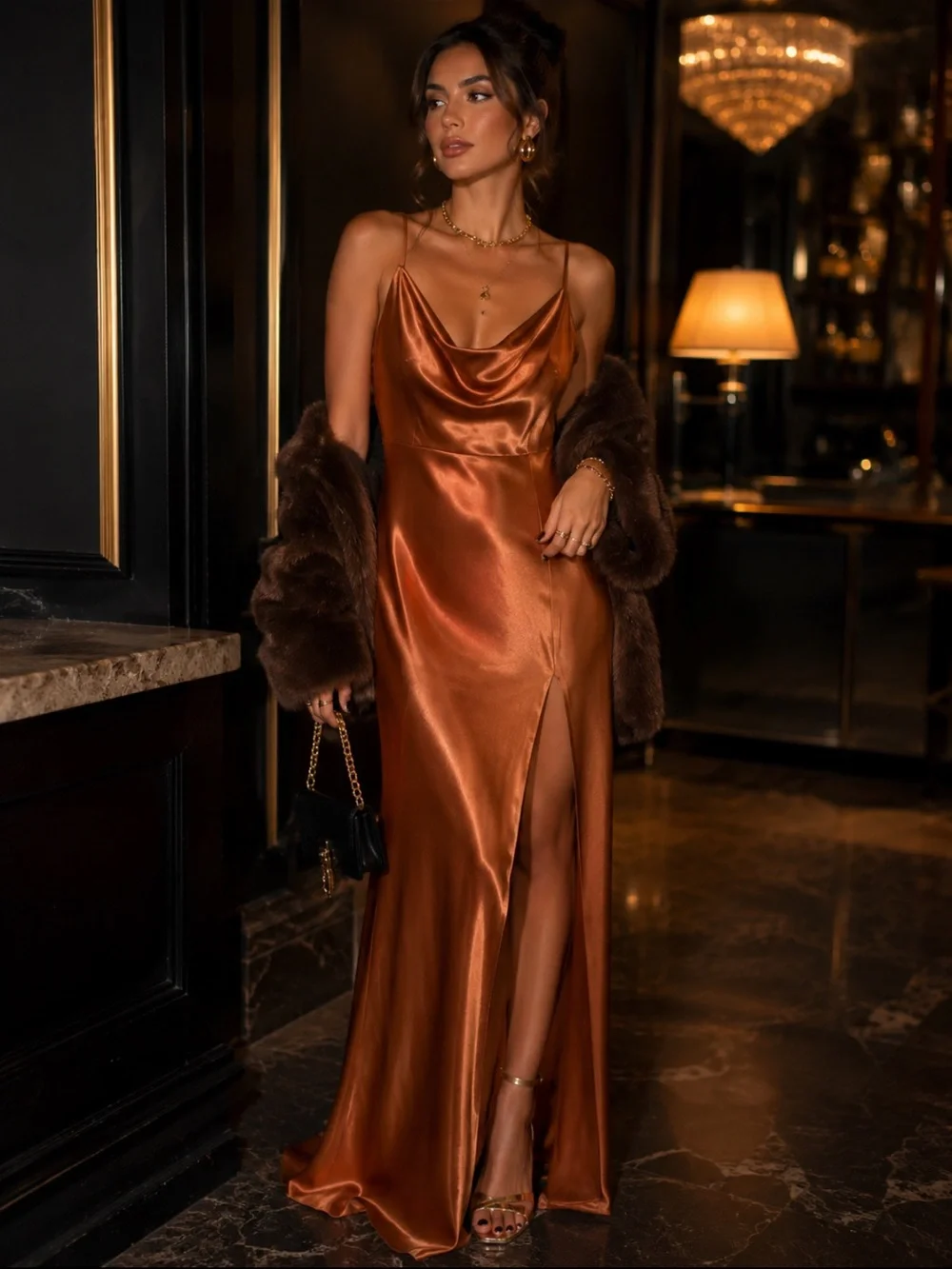 Birdy Grey Copper Satin Cowl Slip Maxi Dress with Thigh Slit